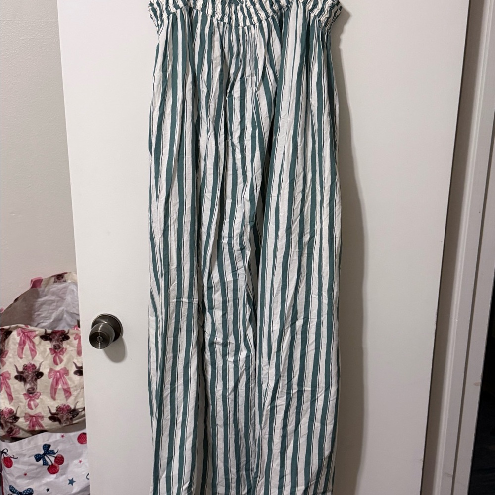 Madewell Green and White Striped Smocked Maxi Skirt